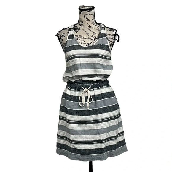 Lou & Grey  Casual Tank Blouson Dress Gray Stripe Drawstring Waist Pockets XS - Picture 1 of 9
